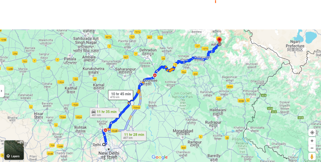 distance between delhi to auli uttarakhand